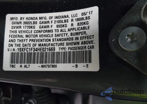 2017 Honda Civic Ex-T z USA, uszkodzony, nr VIN 19XFC1F34HE021669